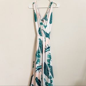 M-Slit Knot Back Surplice Palm Print Maxi Dress